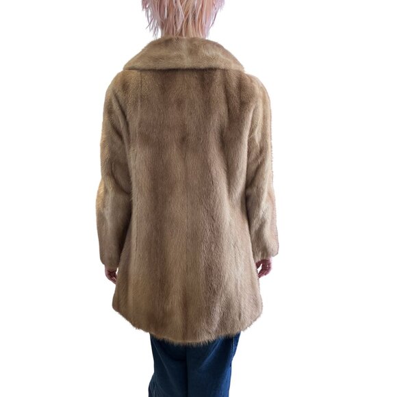 Vintage 60s Mink Fur Coat Tan Double-Breasted Design Long Sleeves Satin Lining - Picture 3 of 11
